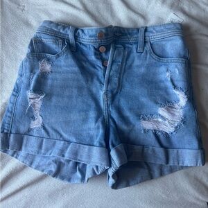 High rise distressed stretchy denim shorts